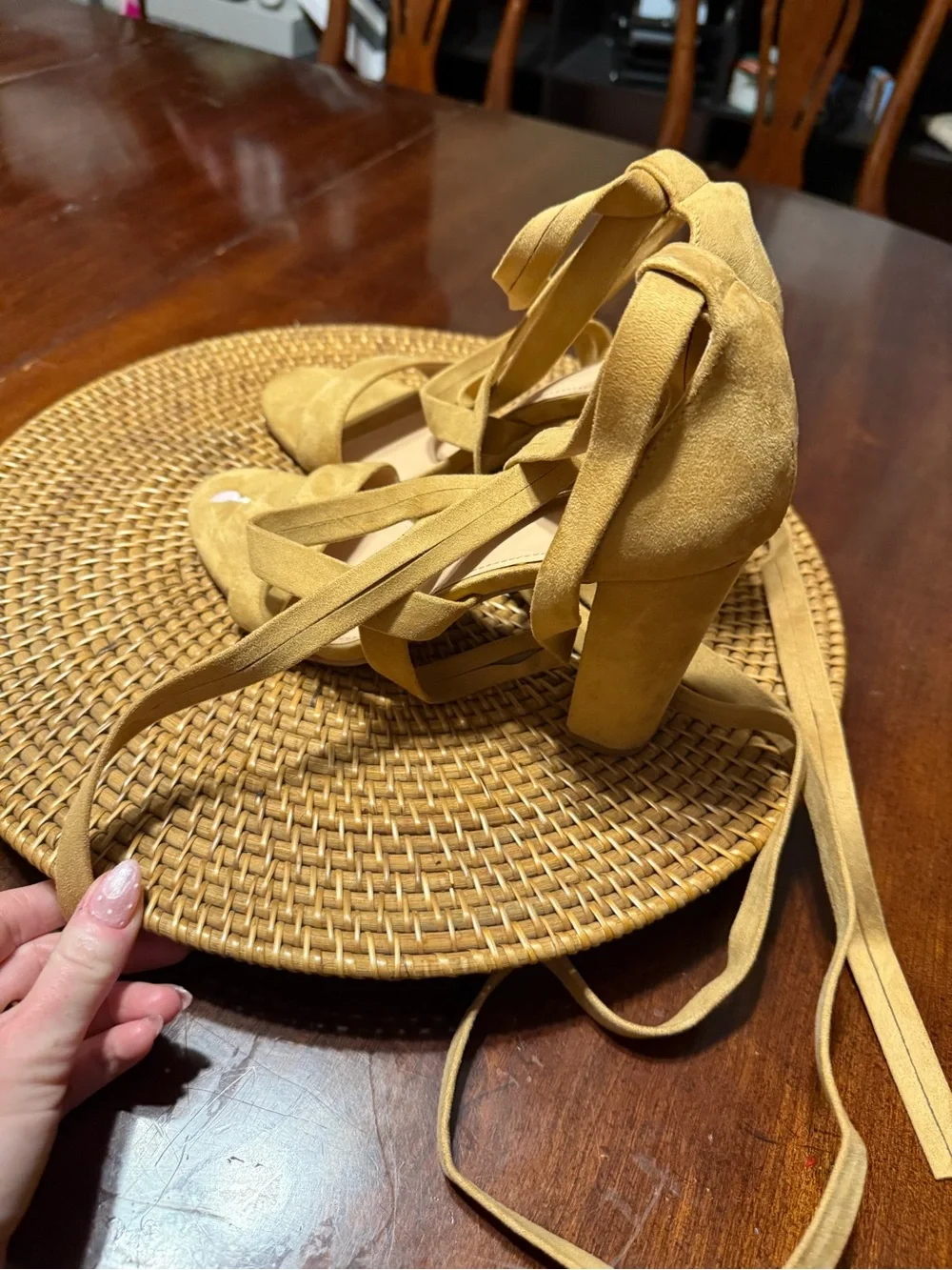 Suede Strappy Lace-Up‎ Sandals in Camel